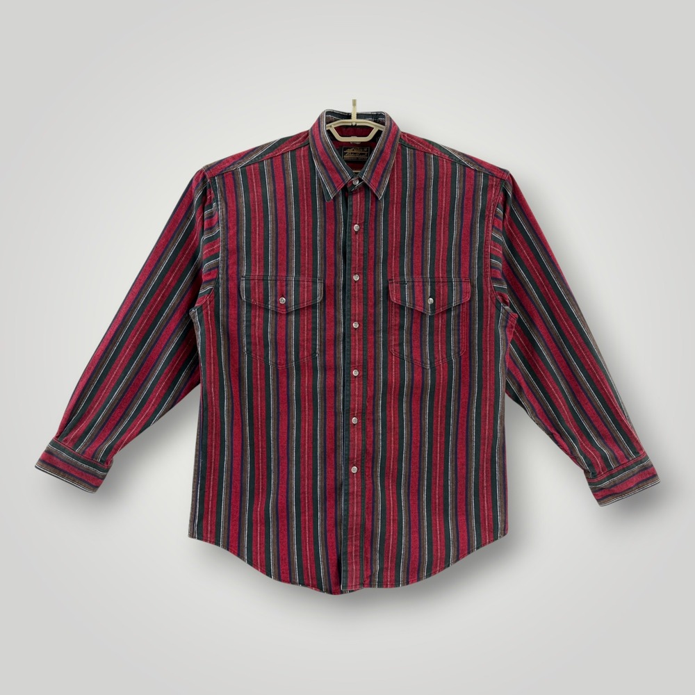 Vintage Eddie Bauer McKinley Cloth Striped Flannel Shirt Mens Large USA Red